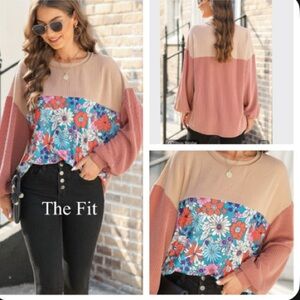 Ribbed Colorblock Floral Pullover Top - Dusty Rose